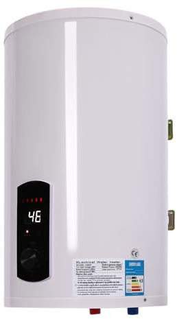 OUKANING Elektrisk varmvattenbehållare varmvattenberedare för badrum/kök, 25–75 °C 220 V 2000 W rostfritt stål emalj, plast, med dusch, IPX4, läckageskydd, vattenkran (vertikal, 30 l)