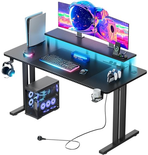 HLONONE Gamingbord med LED, 120 x 60 cm Datorbord med Uttag & USB-portar, Ergonomiskt Gaming Skrivbord med Monitorhylla, Mugghållare och Hörlurskrok, PC-spelbord för spel och kontor, Kolfiber Svart