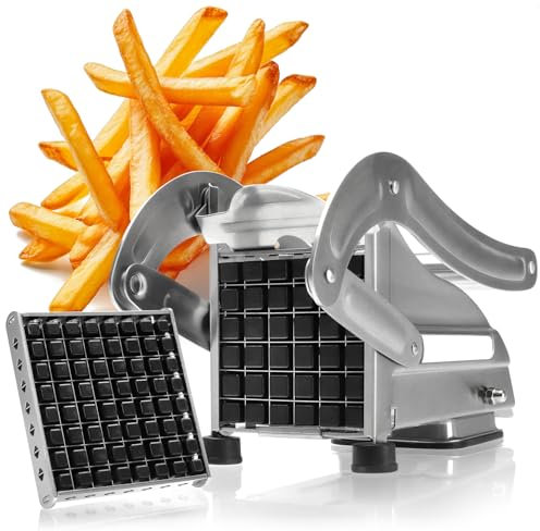 com-four® Pommesschneider - Kartoffelpresse mit 2 Schneideeinsätzen - Pommes Frites Schnitzer aus Edelstahl mit Saugnapf - Obst-, Gemüse- und Käsestiftler spülmaschinenfest 2025 (Edelstahl + Saugnapf)