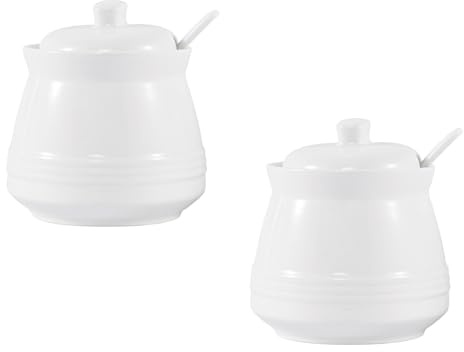 Winlauyet 2-Pack 340ml/11.5oz Sugar Bowls with Lid and Spoon Breakfast Tea and Coffee Service Conditment for Kitchen Seasoning Microwave and Dishwasher Safe (White)