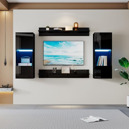 DUlVBPE Set di 4 mensole da parete a LED e 2 ripiani, illuminazione intelligente controllata da APP, finitura lucida e ante in vetro temperato, per soggiorno, compatibile con TV, set di mobili TV