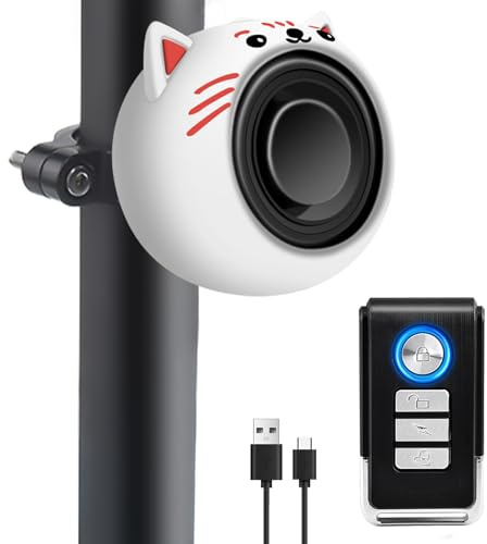 NineLeaf Rechargeable Bike Alarm with Remote, Anti Theft Bicycle Alarm, Mobility Scooter Alarm with Adorable Kitty Silicone Cover for DIY Bike Alarm for E-Bikes, Motorcycles, Scooter (White)