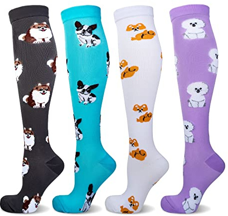 LEOSTEP Calcetines de compresión para hombres y mujeres (4 pares) antideslizantes de tubo largo, ideales para correr, viajes, vuelo