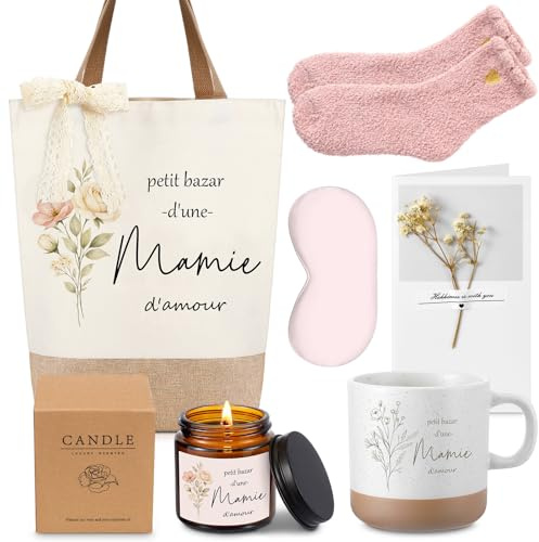 Hestya Set Cadeau pour Mamie pour Fête Grand Mère Sac de Courses | Tasse à Fleurs, Bougie Parfumée, Chaussettes, Masque Yeux, Carte avec Fleurs Séchées, Sac en Toile de Jute et Coton