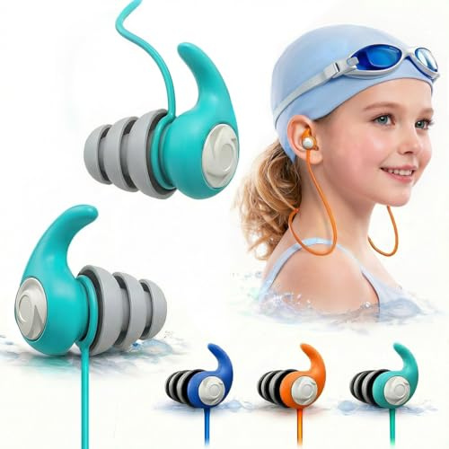 Swimming Ear Plugs for Adults Kids with Lanyard, 3 Pairs Swim Earplugs | Waterproof Reusable swim earplugs for pools, surfing, diving, showering and water sports, Keep Water Out and Ear Protection