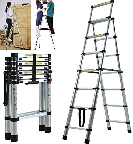 Telescopic Step Ladder 7 Tread Slip Resistant Aluminium Safety Tall Stepladder 150 kg Capacity Portable Foldable Ladder EN131 Approved