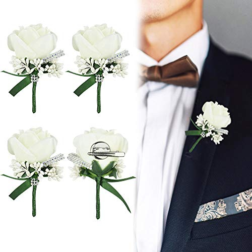 AFASOES 4 Stück Knopfleiste, Weiß, Herren, Anstecknadel mit Sicherheitsnadel, Hochzeit, Klassisch, Zubehör, künstliche Blume mit Pin für Party, Kostüm, Dekoration, Geburtstag