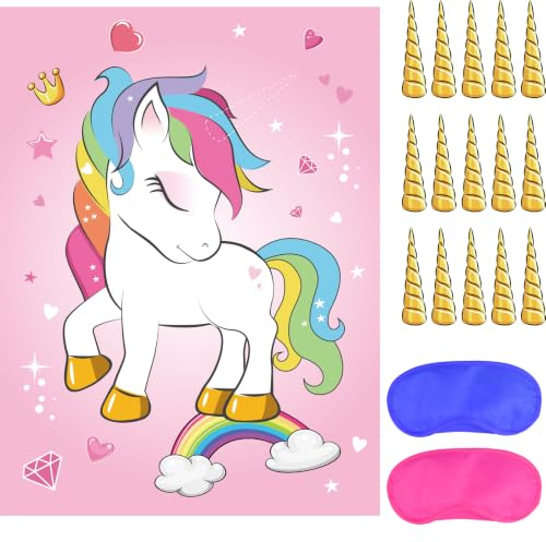 ASTARON Pin The Horn Unicorn Game, Pin The Tail Rainbow Unicorn Party Game | 30 Horn Stickers,Educational Travel Toys,Plenty of stickers, clear printing,Birthday party toys,Kindergarten activity toys