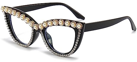 LJCZKA Occhiali Anti Luce Blu Occhi Gatto con Perle Donna, Montatura Occhiali da Vista Donna Vintage Occhio di Gatto Anti Eyestrain