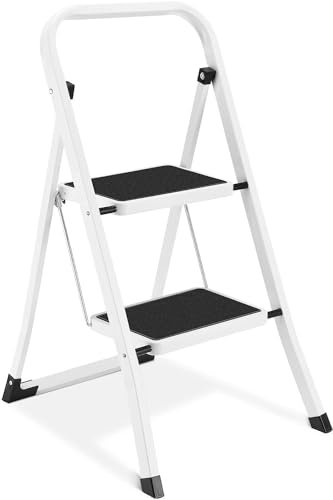 iTrend 2 Step Folding Ladder – Lightweight Alloy Steel, 150kg Capacity, Anti-Slip Wide Steps, Handrail – Compact Step Stool for Kitchen, Home, Office