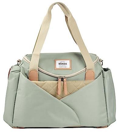 BÉABA - Wickeltasche Sydney II - Modulierbar, großes Fassungsvermögen - Große Cocoon-Wickelfläche - Isolierfach für Babynahrung, Befestigungssystem für Kinderwagen, Tragegriffe - Salbeigrün
