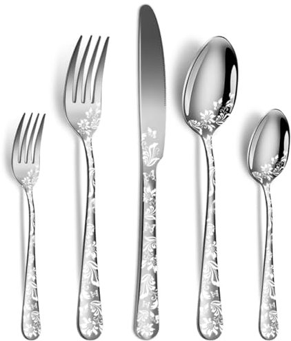 XIAOYU juego de plata de 5 piezas, juego de vajilla negra, juego de vajilla pulida con espejo de acero inoxidable, juego de cuchara, tenedor y cuchillo con láser de flores único, Plata