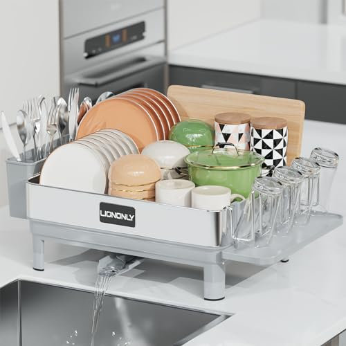 LIONONLY Geschirrabtropfgestell,Premium 304 Edelstahl Abtropfgestell Geschirr,Abtropfgestell für Spülbecken mit Abtropffläche,Einstellbarer Auslauf, Utensilienhalter und Becherhalter