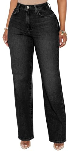 BessCops Straight Leg Jeans for Women High Waisted Wide Leg Stretchy Loose Denim Pants Black