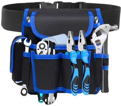 SUQ Bolsa de Cinturón de Herramienta, 8 Bolsillos de Trabajo Pesado para Mujeres y Hombres, Cinturones de Herramienta Ajustables para Electricista, Carpintero, Construcción, Plomberos (Azul)