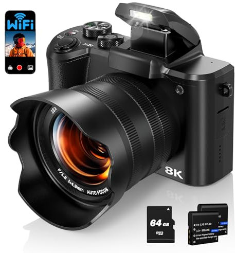 Fulealfly 8K Digital Camera for Photography, 88MP Autofocus WiFi Vlogging Camera for YouTube Video with Front and Rear Lens, Flash, Touch Screen, Lens Hood, 64GB Card, 2 Batteries(Black)