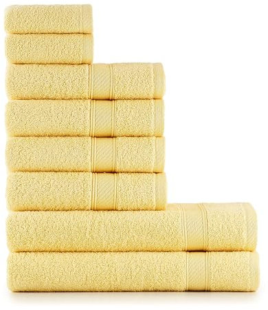 nottoc Handtücher Set Gelb 8-TLG / 2 Badetücher 70x140 + 4 Handtücher 50x90 + 2 Gästehandtücher 30x50 - Handtuch mit Aufhänger 100% Baumwolle Saugfähige Weiche Luxus Duschhandtücher