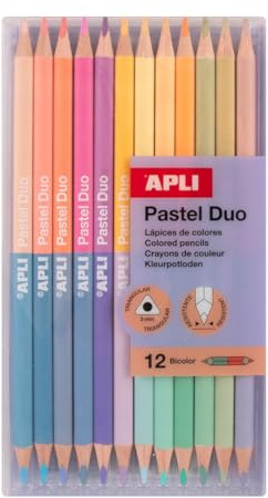 APLI Kids 20084 - Lápices de Colores pastel Bicolor Set de 12 Lápices Doble Punta (24 Colores) – Diseño Triangular Ergonómico – Mina Resistente de 3 mm – Pack para Dibujo y Arte