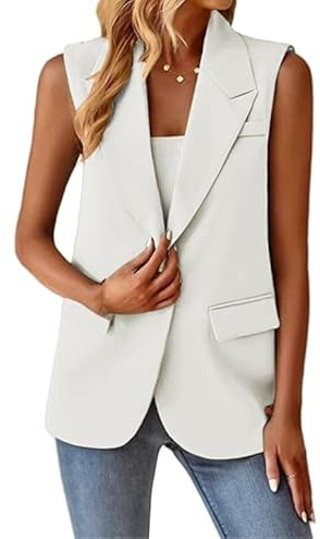 KYUERWK Chaleco De Mujer De Vestir,Blazer Sin Mangas para Mujer, Estilo Vintage, con Solapa con Muescas, Largo, para Oficina, con Forro Completo, Chaqueta De Un Botón con Bolsillos, Talla Grande.