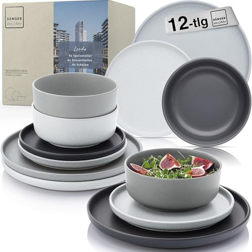 SÄNGER Leeds | Steingut Geschirr Set 12 teilig, Teller Set 4 Personen, Geschirrset 4x Speiseteller 4x Dessertteller 4x Schalen, Tafelservice bunt kratzfest | VALUE COLLECTION