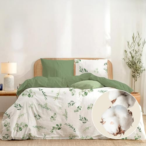 Dreamzie 1 Housse de Couette 200x200 avec 2 taies 65x65 en Coton – Parure de lit Feuilles Vertes avec Fermeture éclair – Oeko-Tex & Lavable 60°C - Linge de Lit 2 Personnes