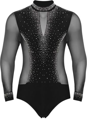 Yruioon Costume De Gymnastique Pour Hommes Manches Longues Pailleté Tenue De Gymnastique Strass Brillant Body Patinage Artistique Combinaison Danse Latine Jazz