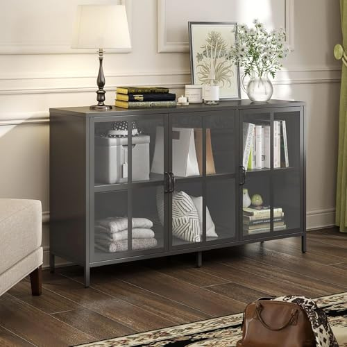 BIZOEIRON Metallschrank mit Glastüren, Sideboard Küchenschrank, Glas Vitrine Schrank mit Verstellbarem Regal, Anrichte Schrank für Küche Esszimmer Wohnzimmer, 40T x 140B x 85H cm, Schwarz
