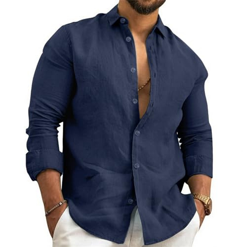 Litthing Mens Linen Shirts Long Sleeve Cotton Summer Shirt Regular Fit | Lightweight Casual Shirts, Solid Beach Holiday Tops for Men Adult