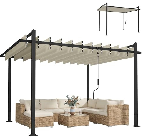 Outsunny Pérgola de Jardín 3x3,8 m, Cenador de Jardín con Techo de Lamas Ajustable a 90°, Manivela, Estructura de Aluminio y Acero, Protección UPF50+, Pabellón para Exterior, Patio, Terraza, Beige