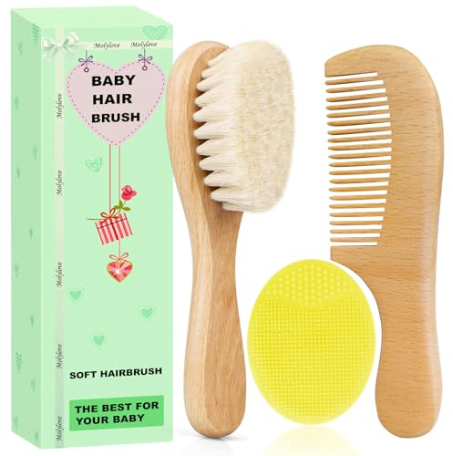 Molylove Baby hårborste, trä babyhår borste med mjuka getborst – mjuk babyborste för spädbarn småbarn – hårborste 2 st