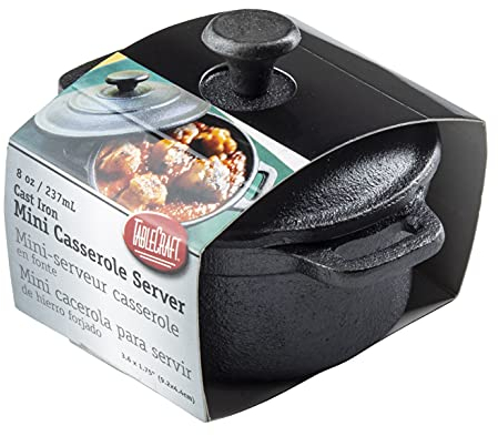 TableCraft Cast Iron Round Mini Casserole with Lid, 8 oz, Black, Pre-Seasoned Single-Serve Cookware, Oven to Table