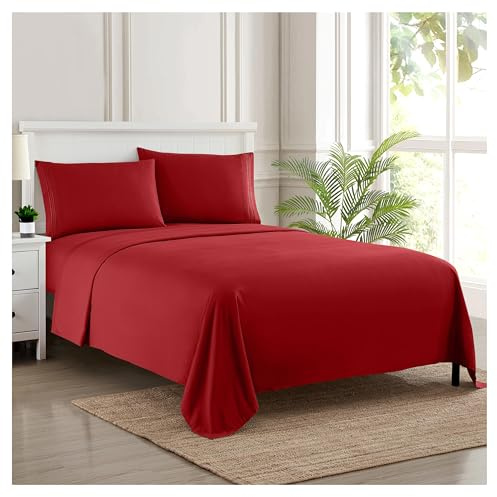 Sweet Home Collection Luxury Bedding Set with Flat, Fitted Sheet, 2 Pillow Cases, Microfiber, Red, Twin