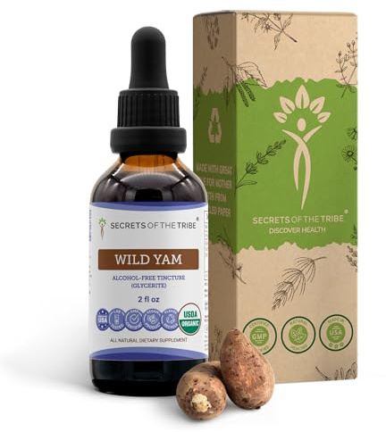 Secrets of the Tribe Wild Yam Alcohol-Free USDA Organic Tincture (Glycerite) 695 mg Responsibly farmed Wild Yam (Dioscorea Villosa) Dried Root (2 Fl Oz) Hormone Support Supplement