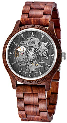 Alienwork Automatikuhr Armbanduhr Herren Rot Holz-Armband Schwarz Skelett Natur-Holz