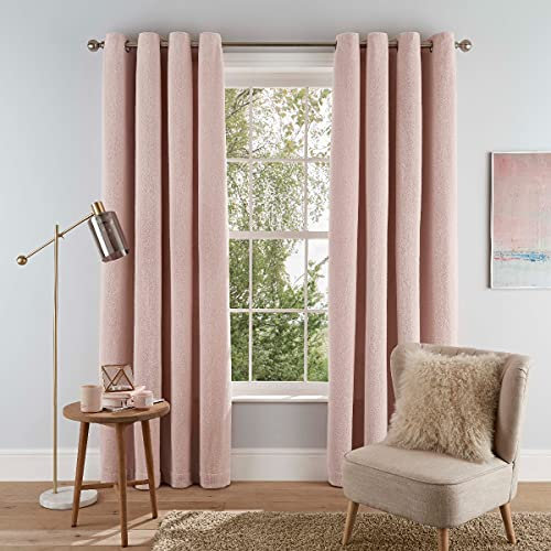 Sleepdown Super Soft Teddy Fleece Eyelet Lined Curtains for Bedroom and Living Room - Blush Pink - 2 Panels, 2x 66 x 54