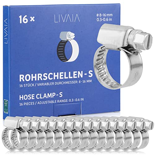 Rohrschellen Set: 16x Rohrschelle Edelstahl – Rohrschelle 8mm – 16mm – Schlauchschellen Set – Rohr Schellen Set – LIVAIA Schlauchschellen Edelstahl