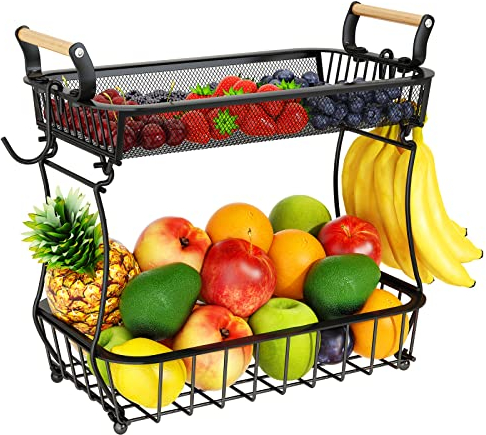 Corbeille à fruits à 2 niveaux avec 2 cintres en forme de banane pour comptoir de cuisine, comptoir de légumes, produits de grande capacité en fil métallique pour oignons, collation, noir