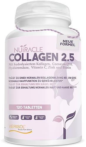 Collagène Hydrolysé Verisol® 2500 mg + Acide Hyaluronique + Coenzyme Q10 - Complément pour la Peau, les Cheveux et les Os avec Biotine, Zinc et Vitamine C - 120 comprimés, Nutracle