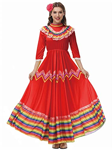 STIOEDYUAN Women Mexico Costume Dress Halloween Traditional Senorita Dance Folk Style Cinco De Mayo Fiesta Flower Headwear (Red, Small)