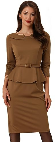 Allegra K Robe Crayon Femme Manches 3/4 Une Pièce Robe Midi Moulante avec Ceinture Robe Business à Volants à la Taille Cotume d'affaires Marron M