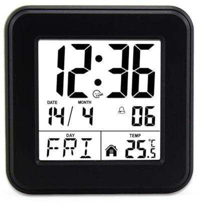 Joselin mit Ewigem Kalender, Sprachgesteuerte Nachttischuhr mit Hintergrundbeleuchtung, Uhr für Senioren mit Temperaturanzeige, Schwarz