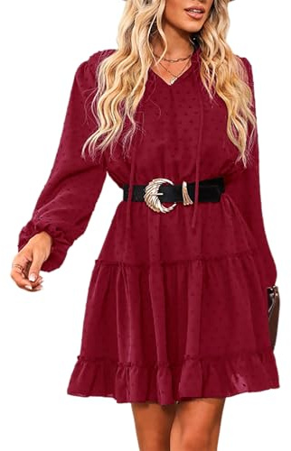CUPSHE Robe décontractée pour femmes avec volant, cordon de serrage, manches longues, col en V, sans ceinture, coupe ample, robe de cocktail pour fête, coupe A, mini-robe de cocktail, Rouge, M
