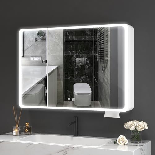 Aovquof Armario con espejo con iluminación – 90 × 70 cm armario con espejo de baño con espacio de almacenamiento, armario con espejo de baño con luces LED regulables regulables con función demist,