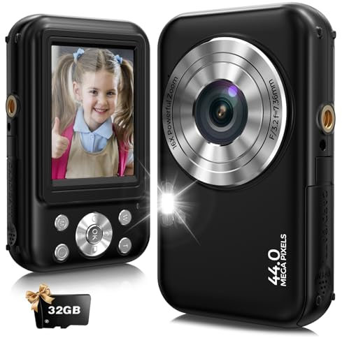 Digitalkamera, Fotokamera Kompaktkamera mit 32GB Karte, FHD 1080P 44MP mit 16-fachem Digitalzoom, Fotoapparat Tragbare Minikamera für Jugendliche, Kinder, Studenten（schwarz）