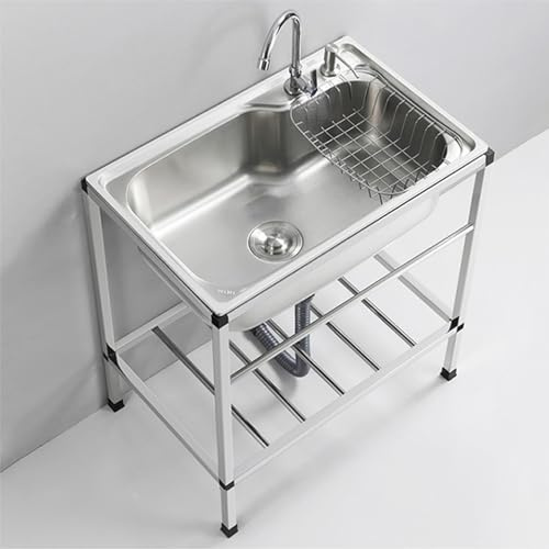Évier utilitaire autoportant en acier inoxydable avec étagères de rangement, robinet et accessoires, baignoire à linge intérieur/extérieur, cuve unique, évier de cuisine commercial