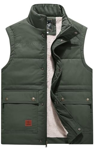 Flygo Men's Winter Warm Outdoor Padded Puffer Vest Thick Fleece Lined Sleeveless Jacket (Army Green 2XL)