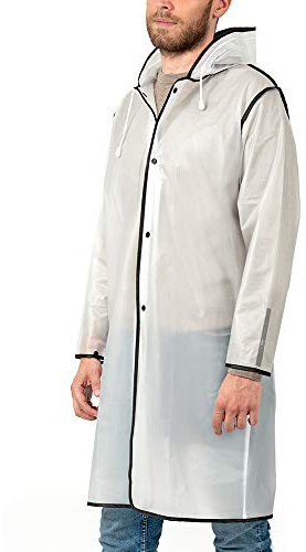 PERLETTI Impermeabile Pioggia Uomo Donna con Dettagli Riflettenti - Poncho Antipioggia Riutilizzabile Antivento Cappuccio Custodia - Mantella Montagna Trekking Adulto (Trasparente Bordo Nero, S)