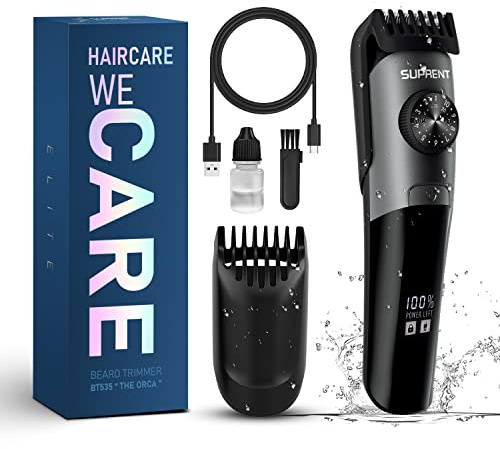 SUPRENT Beard Trimmer for Men Waterproof- IPX7 Professional Mustache Trimmer- 39 Built-in Adjustable Precise Lengths- Cordless USB C Rechargeable & LED Display