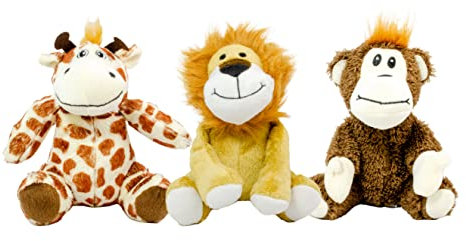 Scarlaroo Jungle Buddies 3 Pack of Plush Toys for Dogs - Lion, Monkey & Giraffe - Christmas Dog Toy Presents for Small Dogs and Puppies
