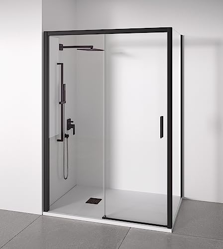 Mampara de ducha angular 1 corredera + 2 fijos - sin perfilería inferior - Cristal transparente templado 6mm - Negro mate - Ancho adaptable 135-140 x 77-80cm - Posición puerta derecha - Alto 195cm